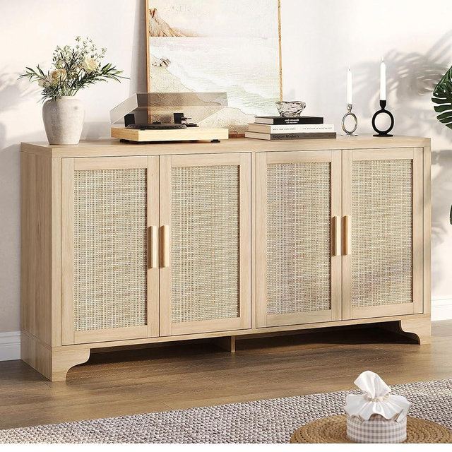 Garvee Natural Rattan Storage Cabinet with Shelves, 4-Door Sideboard Buffet Cabinet, Boho TV Stand Console Table for Living Room, Entryway, Dinning Room