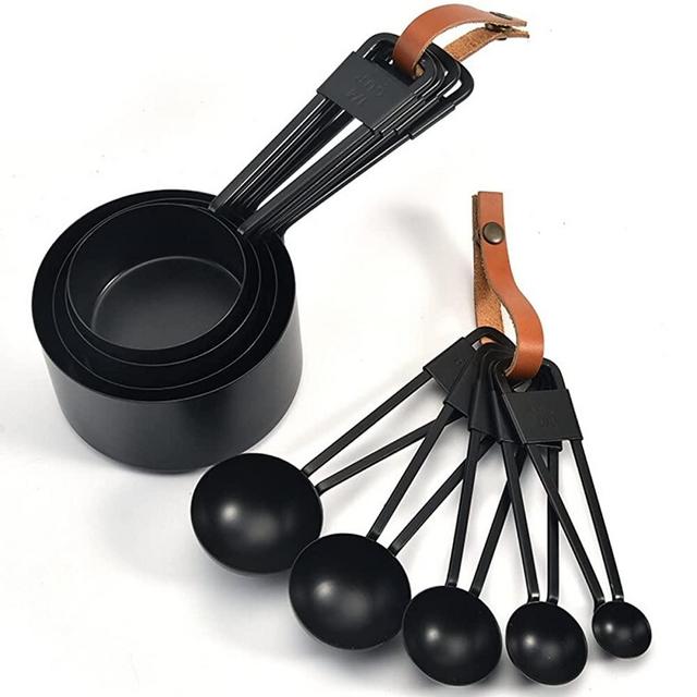 KAISHANE 9 Pieces Stainless Steel Measuring Cups and Spoons Measurements, Pouring Spouts & Mirror Polished for Baking and Cooking Include Magnetic Measurement Conversion Chart（Black）