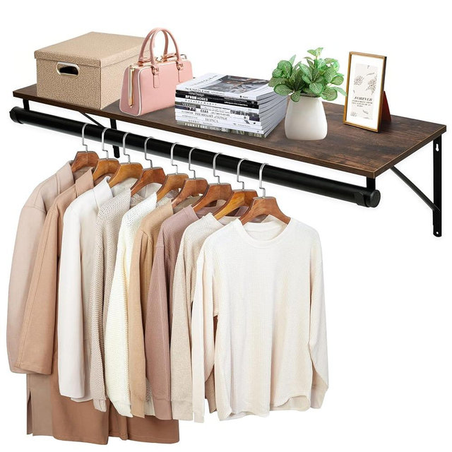 Qupui Closet Shelf with Hanging Rod, 47.2in Wall Mounted Clothes Rack with Top Shelf, Walk in Closet System, Heavy Duty Shelf with Hanging Rod for Laundry Room, Closet Storage, Garage, Brown