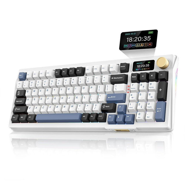 RedThunder K95 Wireless Mechanical Keyboard, TFT Screen & Knob, Tri-Mode BT5.0/2.4GHz/USB-C Hot Swappable Custom, Pre-lubed Linear Switches, Gasket Structure, RGB Gaming Keyboard, Snowy White-Blue