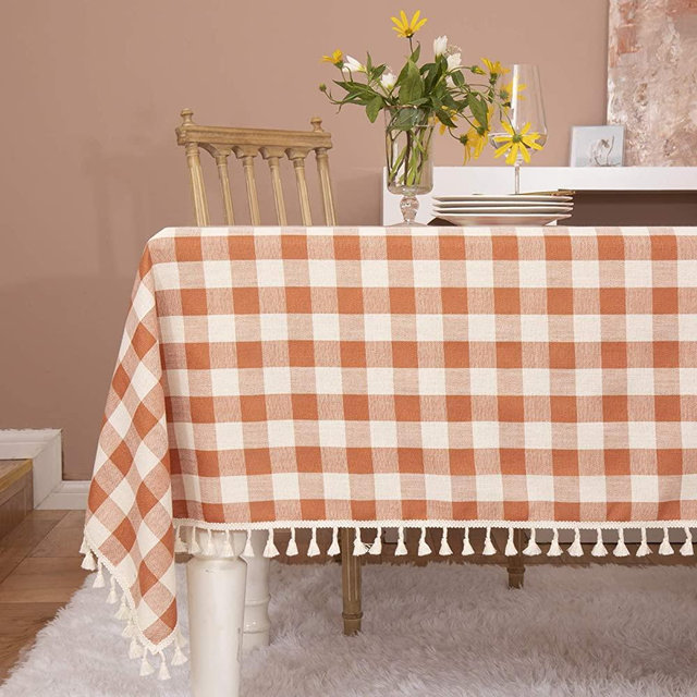 Midsummer Breeze Rustic Plaid Tassel Tablecloth-Country Buffalo Check Cotton Table Cloth for Spring Fall Thanksgiving Farmhouse Kitchen Dining Restaurant Decoration(Rectangle/Oblong, 55x70, Orange)