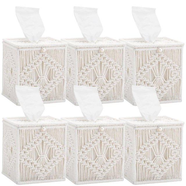 Macrame Tissue Box Cover, 6 Pack Square Boho Decor Tissue Holder, Handmade Woven Cotton Rope Organizer with Open Bottom for Bedroom, Bathroom, Living Room, Office - Ivory