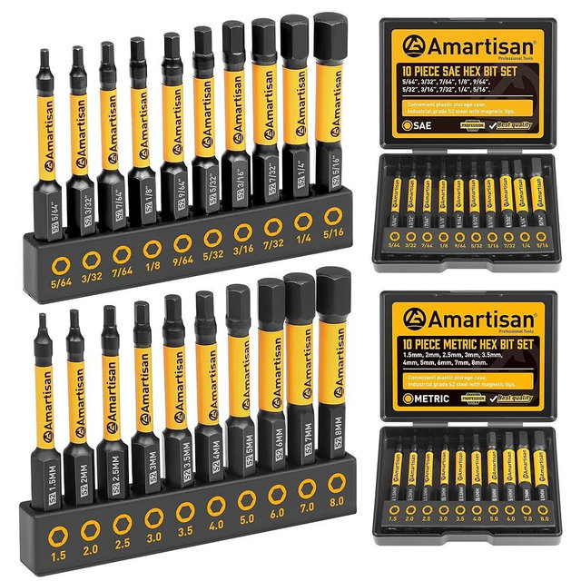Amartisan 20-Piece Hex Head Allen Wrench Drill Bit Set, Metric and SAE S2 Steel Hex Bits Set, Magnetic Tips, 2.3" Long With Storage box. (20-Piece Hex Bit Set - NEW)