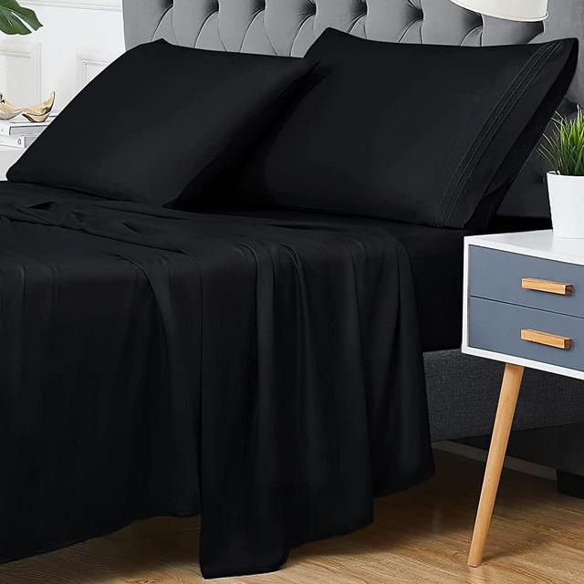 CAROMIO 100% Bamboo Sheets King Size, Cooling Bed Sheets Deep Pocket, Cool Sheets for Hot Sleeper, 4 PCS Luxury Sheet Set for King Size Bed, Super Soft Breathable Comfortable(Black, King)