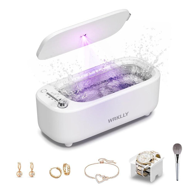 WRKLLY Ultrasonic Jewelry Cleaner, 50KHz 14oz Professional Ultrasonic Cleaner Machine with 4 Timer Modes,304 Stainless Steel Tank for Jewelry, Eyeglasses, Rings, Coins, Watch Strap,Dentures (White)