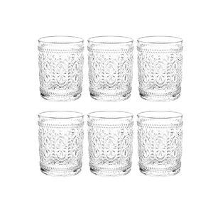 Bekith 6 Pack Drinking Glasses, 9.5 oz Romantic Water Glasses, Clear Embossed Glass Cups Vintage Glassware Set for Whisky, Juice, Beverages, Beer, Cocktail