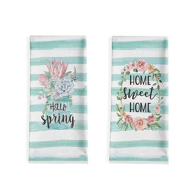 Artoid Mode Watercolor Stripes Kitchen Dish Towels Spring Quotes, 18 x 28 Inch Seasonal Spring Flower Wreath Ultra Absorbent Drying Cloth Tea Towels for Cooking Baking Set of 2