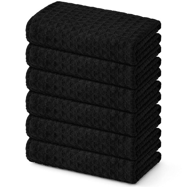 Homaxy Microfiber Waffle Weave Kitchen Towels, 16 x 28 Inch Ultra Absorbent and Solid Color Dish Towels, 6 Pack, Black