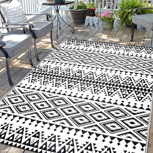 Waterproof Outdoor Rug 5x8ft, Bohemia Reversible Plastic Straw Mat for Patio RV Deck Porch Backyard Balcony Camping Picnic Beach Indoor Outdoor Carpet, Black&White