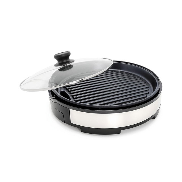 Elite Cuisine 12-Inch Stainless Steel Deluxe Indoor Grill with Tempered Glass Lid