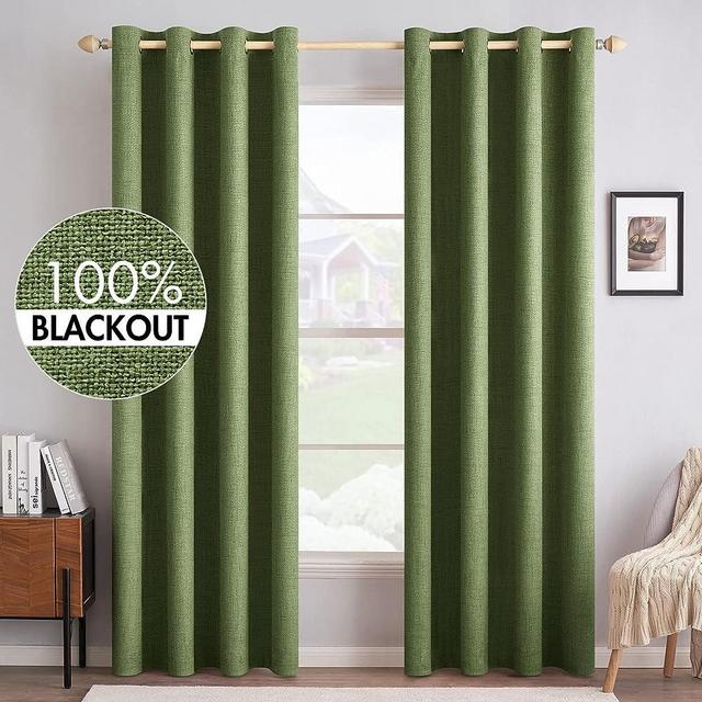 MIULEE 100% Blackout Linen Textured Curtains for Bedroom Solid Thermal Insulated Olive Green Grommet Room Darkening Curtains & Drapes Luxury Decor for Living Room Nursery 52 x 96 Inch (2 Panels)
