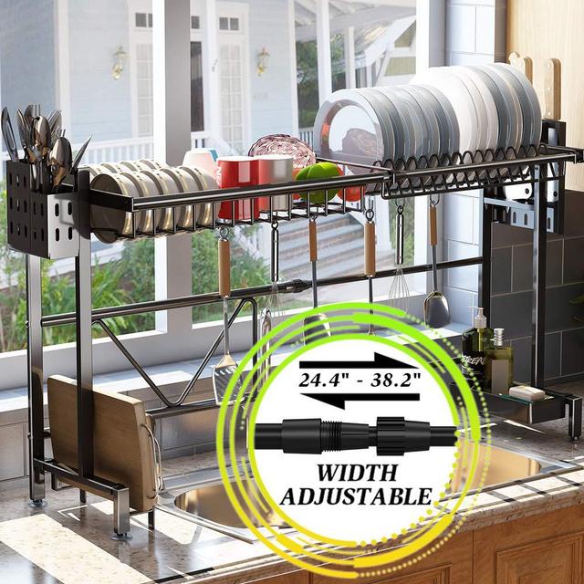 Over the Sink Dish Drying Rack, SAYZH Width Adjustable（ Fit Small and Large Sink Size From 22 inches to 36 inches ）Stainless Steel Kitchen Drainer Countertop Organizer, Black