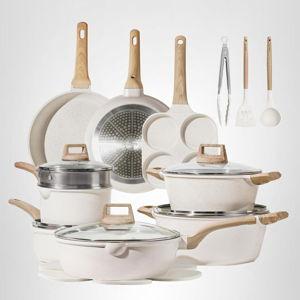 CAROTE 21Pcs Pots and Pans Set, Nonstick Cookware Sets, White Granite Induction Cookware Non Stick Cooking Set w/Frying Pans & Saucepans(PFOS, PFOA Free)