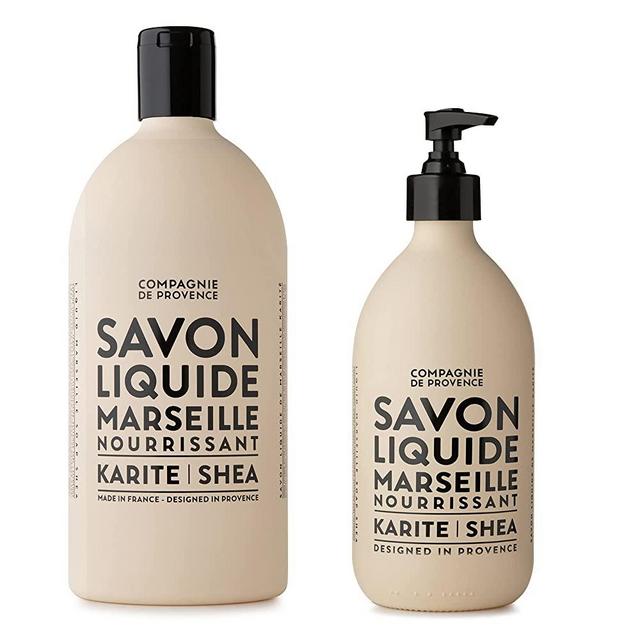 Compagnie de Provence Savon de Marseille Liquid Soap - Karite Shea Butter - 16.7 Fl Oz Glass Pump Bottle and 33.8 fl oz Plastic Bottle Refill