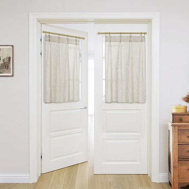 Linen Sheer Boho Striped Pattern Sidelight Front Door Curtain for Glass Window Kitchen 2 Pack, 40 Inch Length Long