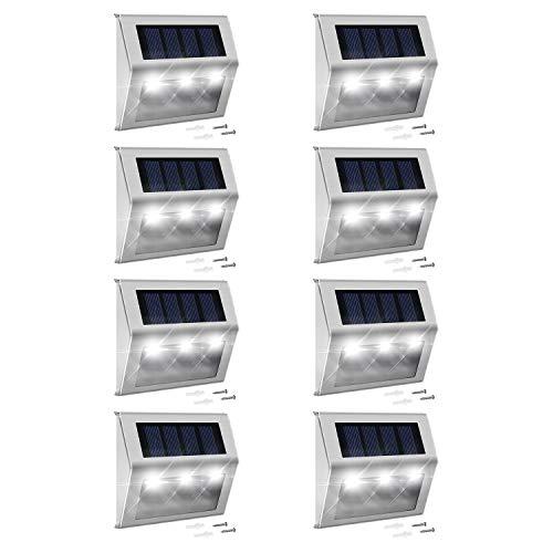 Solar Step Lights with Larger Battery Capacity JACKYLED 8-Pack Stainless Steel Bright 3 LED Solar Powered Deck Lights Weatherproof Outdoor Lighting for Steps Stairs Decks Fences Paths Patio Pathway