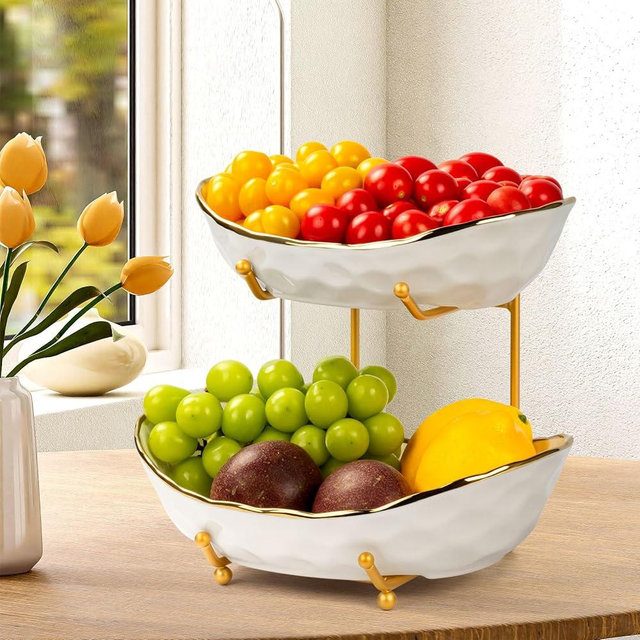 OdoVow 2 Tier Fruit Basket, Ceramic Fruit Bowl, Fruit Bowl for Kitchen Counter, Ceramic Serving Bowls with Metal Stand, for Kitchen Counter Large Capacity Fruit Holder for Dessert, Snack(White)