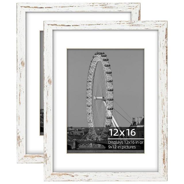 DUCIHBA 12x16 inch or 9x12 with Mat Poster Picture Frame Set, Wire Brush Distressed White Wood Border, Wall Mount Vertically or Horizontally, Safe Plexi Glass, 2 Pack