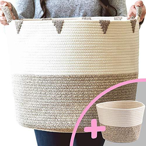 Little Hippo 2pc Large Cotton Rope Basket (17"x15") 100% Natural Cotton! Rope Basket, Woven Storage Basket, Large Basket, Blanket Basket Living Room, Toy Basket, Pillow Basket, Round Basket