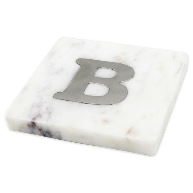 Jodhpuri White Marble Coaster with Steel Monogram "B" (Set of 4)