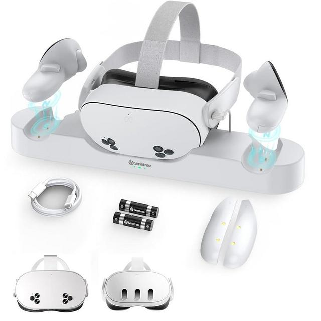 Smatree Charging Dock Compatible for Meta Quest 3S/Quest 3,Charge Controllers and Headset Simultaneously, VR Charging Station with LED Light, with 2 Rechargeable Controller Batteries(NO Adapter)