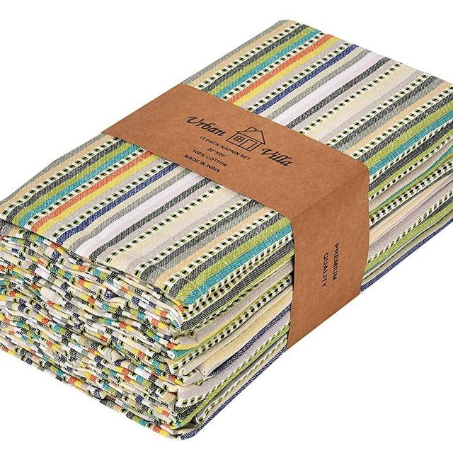 Urban Villa Multi Dobby Beige Stripes Dinner Napkins Premium Quality 100% Cotton Set of 12 Size 20X20 Inch,Over sized Cloth Napkins with Mitered Corners Ultra Soft Durable Hotel Quality