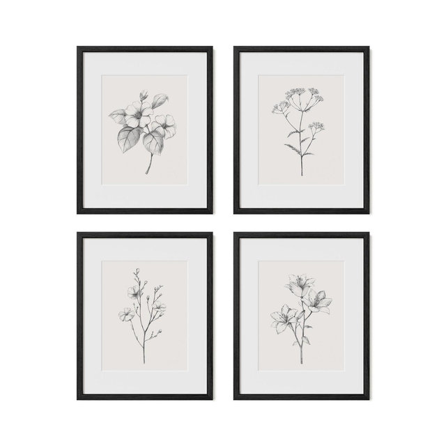Haus and Hues Framed Antique Floral Wall Art Set, Black, 16x20