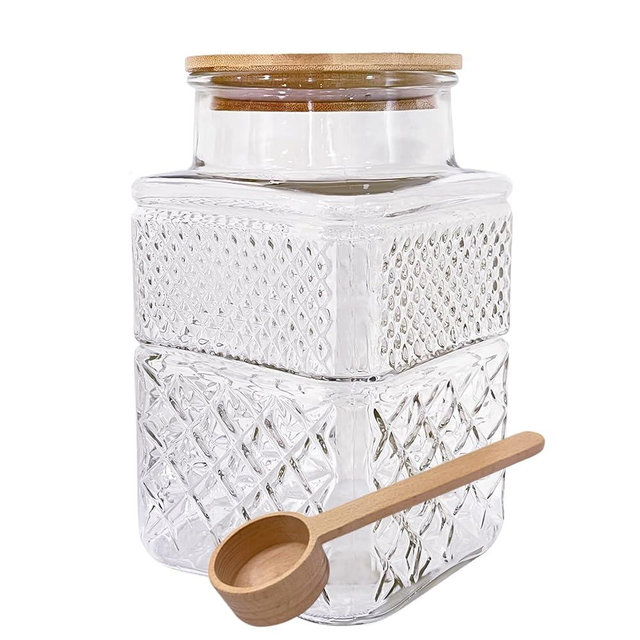 Viovian Large Glass Jar with Wood Lid and Spoon 60 OZ Square Thick Glass Storage Jars Airtight Lids Clear Decorative Vintage Canister for Food Candy Cookie Sugar Coffee Nuts Snack Dog Treat