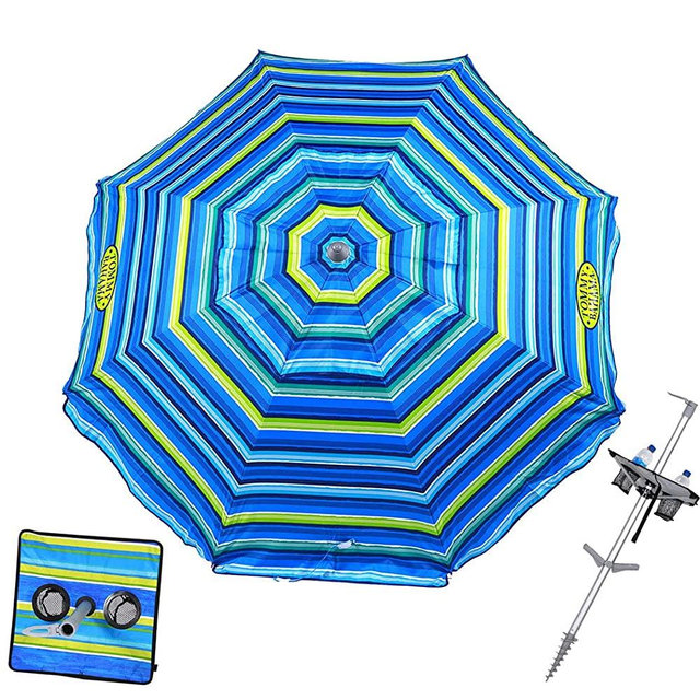 Tommy Bahama 7 ft Fiberglass Beach Umbrella for Sand with Integrated Anchor, Integrated Table, Telescopic Aluminum Pole, UPF 50+, Tilt