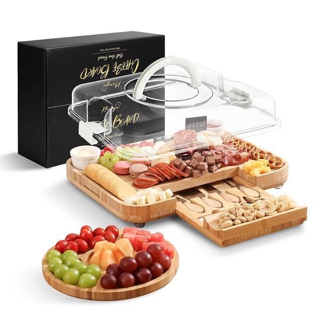 KHINYA Charcuterie Boards - Cheese Board Set, Charcuterie Board with Lid, Gifts for Women, Cheese plate for Housewarming, Convenient Lid Design with Handle (1 Drawer Cream)