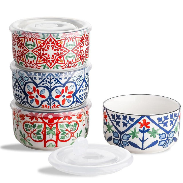 Chubacoo Ceramic Bowls with Lids: Microwavable Bowls with Lids - Porcelain Soup Bowls Set of 4 with Lids - Ceramic Containers with Lids for Picnic, Camping, Lunch - 20 oz, 5 Inch