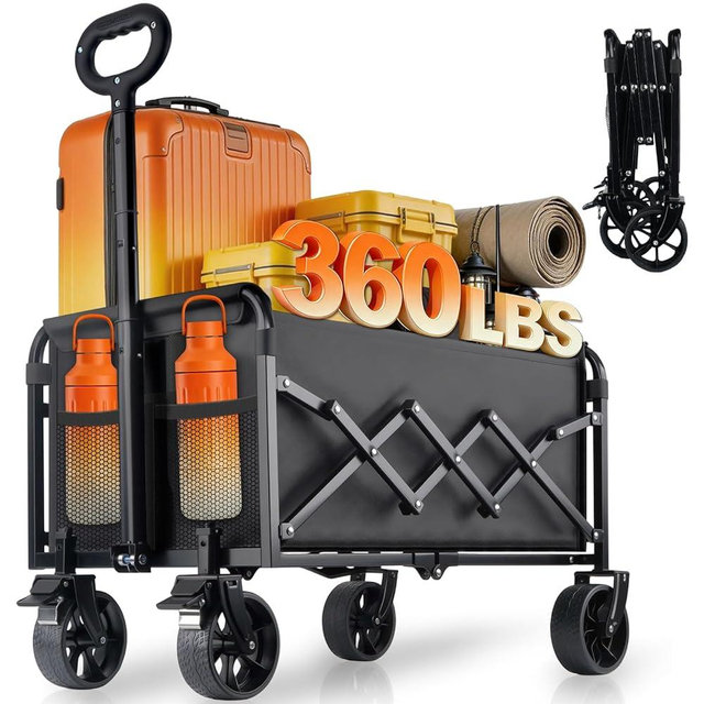 360lbs Foldable Wagon Cart Collapsible - Heavy Duty All-Terrain Portable Lightweight Folding Utility Carts with Wheels, Large Capacity Portable Grocery & Beach Trolley for Shopping, Camping and Sports