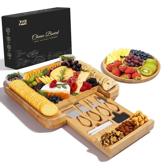 YZS Bamboo Charcuterie Boards Set -Unique Cheese Board with Accessories - Perfect for Housewarming, Weddings, Bridal Showers, Birthday Gifts, Parties, Eco-Friendly & Elegant Design