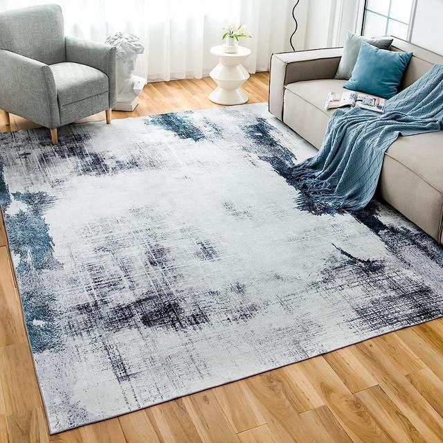 OIGAE Machine Washable Rug 9' x 12', Ultra-Thin Abstract Modern Area Rug Stain Resistant Anti Slip Backing Rugs for Living Room Bedroom, White, Blue