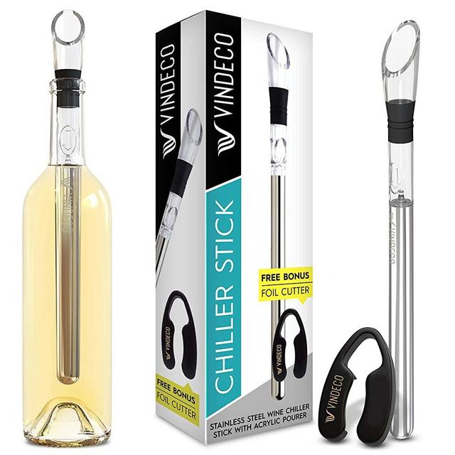 Vindeco Premium Wine Chiller Stick - 3-IN-1 Stainless Steel Wine Bottle Chiller Stick with Decanting Aerator and Drip-Free Pourer - Great Gift for Wine Lovers - FREE BONUS FOIL CUTTER