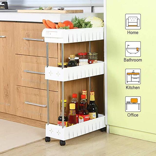 Aogist 3 Tier Slim Storage Cart Mobile Shelving Unit Slide Out Storage Tower for Kitchen Bathroom Laundry Room Narrow Places(White)