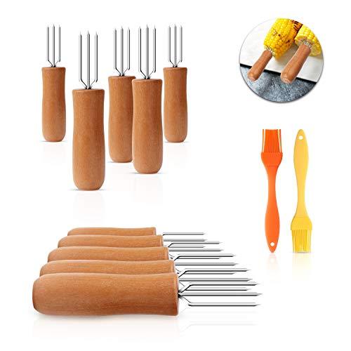 AUBBC Stainless Steel Corn Holders, Corn on The Cobb Holders with Long Oak Wood Handle & Silicone Basting Brushes for Kids and Adults Home Cooking and BBQ (4.5 Inches/Set of 12)