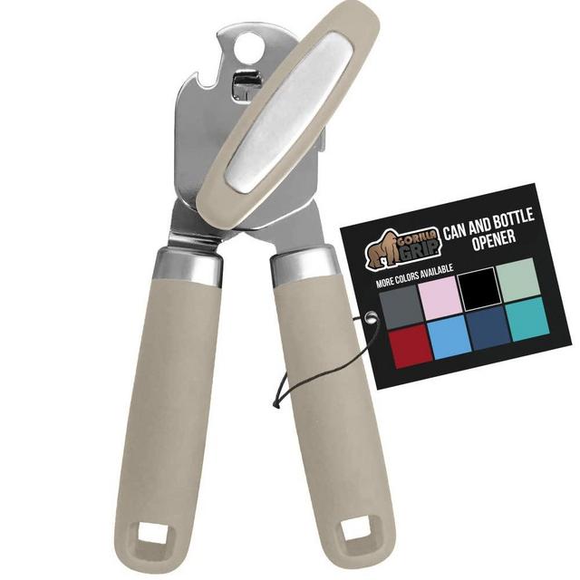 Gorilla Grip Manual Handheld Strong Can Opener, Sharp Cutting Wheel for Smooth Edge Cut, Comfortable Soft Handle, Oversized Easy to Use Turn Knob, Includes Built in Bottle Opener, Almond