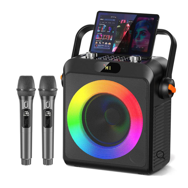 JYX FanFun T19T Karaoke Machine with 2 Wireless Microphones DJ Lights