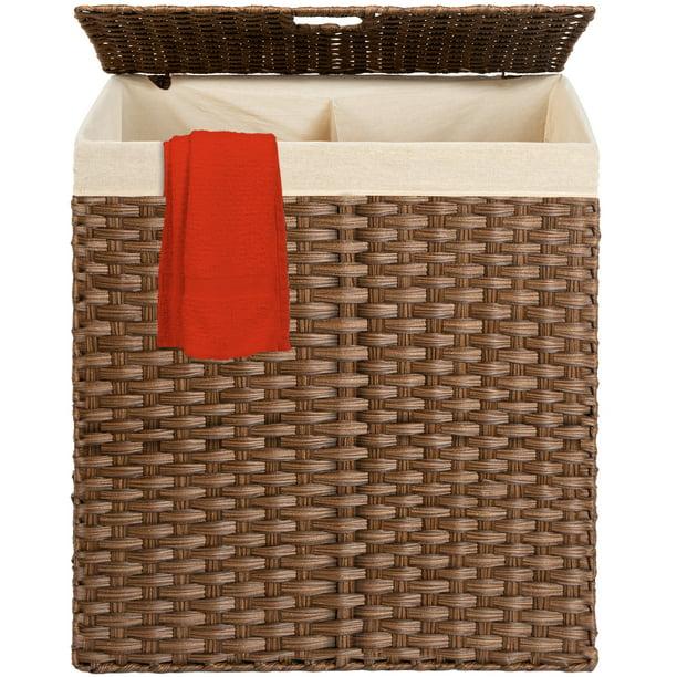 Best Choice Products Wicker Double Laundry Hamper, Divided Storage Basket w/ Linen Liner, Handles - Dark Brown