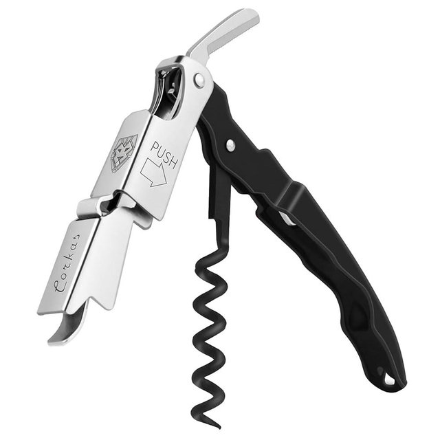 CORKAS Wine Key - Professional Handcrafted Heavy Duty Waiter Corkscrew, Compact Wine Opener with Double Hinged, Foil Cutter and Bottle Opener, Gifts for Servers, Sommelier, Bartenders - Black