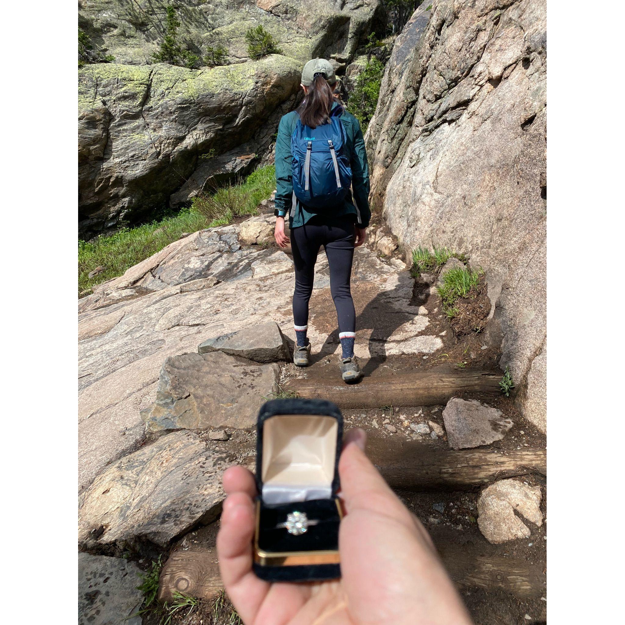 Sneaking a photo of Jen and the ring earlier on the hike, before proposing π