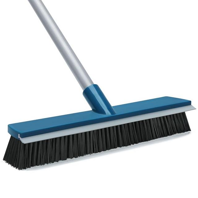 16-Inch Push Broom Outdoor with Rubber Squeegee and 58" Long Handle, 2 in 1 Commercial Broom Brush with Stiff Bristles for Deck Patio Garage Warehouse Driveway Concrete Floor Cleaning Scrubbing