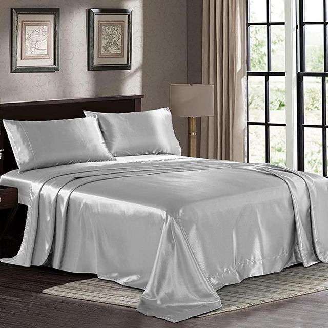 Satin Sheets Queen [4-Piece, Grey] Hotel Luxury Silky Bed Sheets - Extra Soft 1800 Microfiber Sheet Set, Wrinkle, Fade, Stain Resistant - Deep Pocket Fitted Sheet, Flat Sheet, Pillow Cases