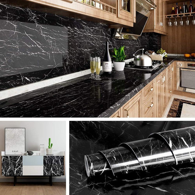 Livelynine 24 x394 inch Black Countertop Peel and Stick Waterproof Wallpaper for Kitchen Counter Top Covers Marble Contact Paper for Countertops Waterproof Self Adhesive Covering Table Desk Vinyl Wrap