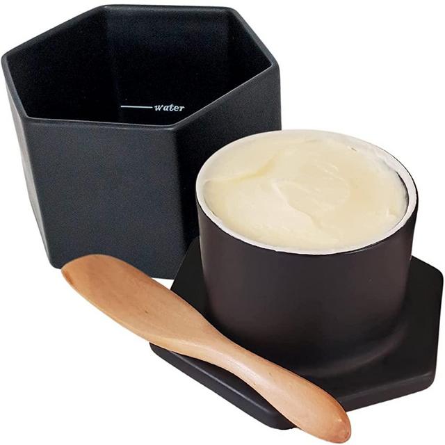 French Butter Keeper w/ Lid & Wood Spreading Knife - Matte Black Butter Crock - Modern Hexagon Shape Butter Keeper - Stoneware French Butter Crock - Dishwasher, Oven & Microwave Safe Butter Storage