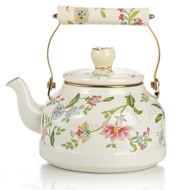 Jucoan 2.6 Quart Vintage Enamel Tea Kettle, Green Floral Enamel on Steel Stovetop Water Kettle Teapot with Porcelain Handle Rose Cover Knob for Home Kitchen Decor, Gift for Christmas New Year