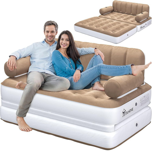 YITAHOME Queen Size Inflatable Sofa Bed with Headboard and Pump, Convertible Blow Up Couch, 2-in-1 Black Air Sofa Bed for Home, Camping, and Guests, Brown