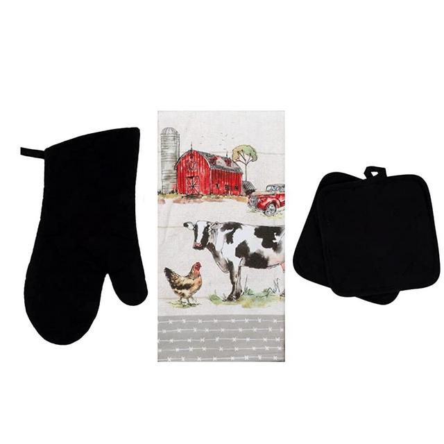 Cow Kitchen Towel, Oven Mitt and Potholders Set- 1 Towel with Black and White Cow, Red Barn, Farm Truck; 1 Black Oven Mitt and 2 Pot Holders- Farmhouse Country Rustic Vintage Themed Farm Decor (Black)