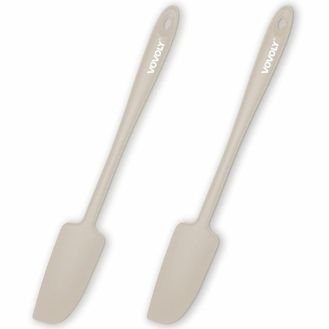2-Pack Vovoly Silicone Jar Spatulas, Small Seamless Design Rubber Scraper with Stainless Steel Core, Heat Resistant and Non-Stick Mini Spatula for Jars and Blenders, BPA Free,11 IN, Khaki